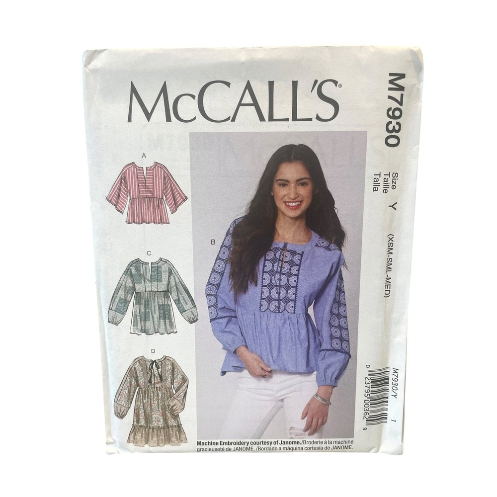 McCall's M7930 Tunic Top Blouse Sewing Pattern Misses Size Y XSM-MED Peplum Easy